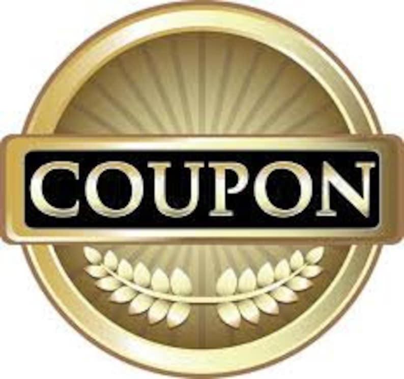 May include: A gold-colored circular emblem with the word "COUPON" in bold white letters on a black rectangular banner. The emblem features a radiating sunburst design and a laurel wreath.