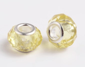 New 10/pc Pale Yellow Faceted GLASS 14x8mm European charm spacer beads & crystal Paved 5mm large hole European beads LOT(YEL)