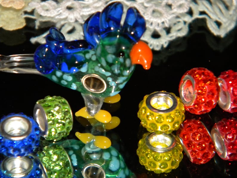 Crystal Paved Mix large hole spacer Beads lot Beads only Z6 NEW 7pc Lampwork Parrot Rainbow European Style GLASS Murano Charms