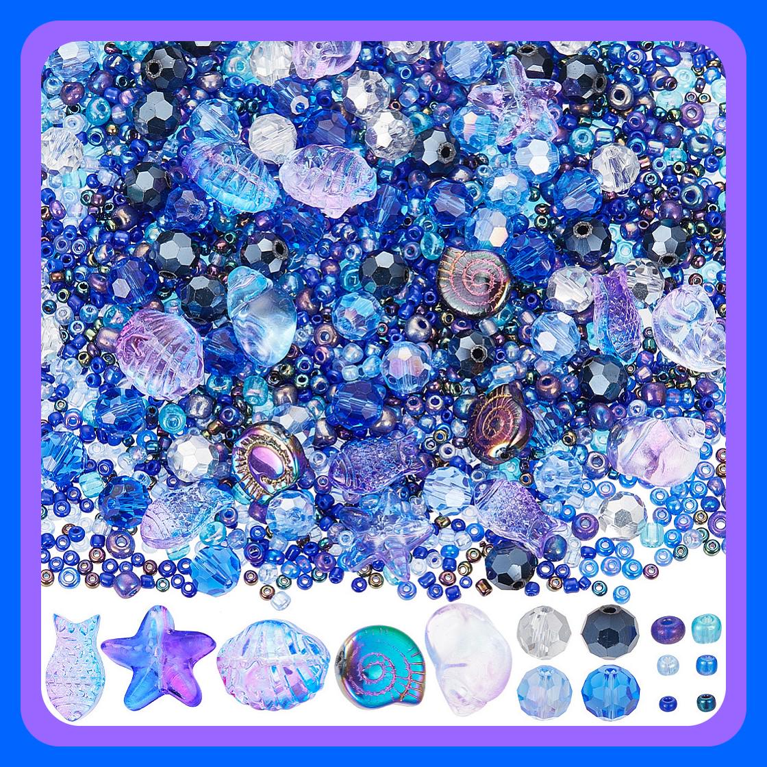 New 1/Box 3100+Pcs Ocean Beads Kit Glass Sea Beads Starfish Seashell Fish Bead Summer Hawaii Ocean Animal Bead AB Purple Glass Beads(64E)