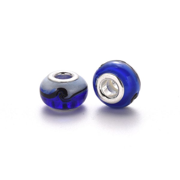 NEW 10/pc Dark Blue /White swirl wave European 14mm GLASS Murano Lampwork Charm spacer Beads large 5mm hole spacer charm lot(31B)