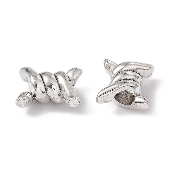 20/pc Bright Silver Barbwire detailed METAL 16x7.5mm Nickle & lead free European charm beads 5mm large hole (BW)