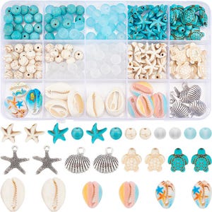 May include: A clear plastic organizer filled with various ocean-themed beads and charms. Includes turquoise, white, and clear beads, starfish, sea turtles, seashells, and shell charms. Ideal for jewelry making or crafting projects.