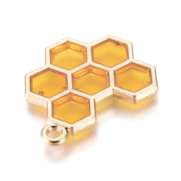 NEW 10/pcs Yellow/Gold Honey Bee Honeycomb focal Detailed charm pendant 21x17x1.5mm bee charm lot jewelry making 1.6mm Hole (01B)