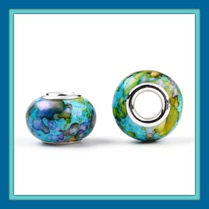 20/Pc Alcohol splatter Blue Multi-Color 14mm Resin European spacer Charm beads Silver plated inserts large 5.0mm hole spacer Beads (09H)