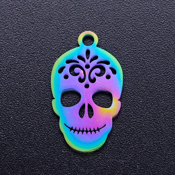 New 5/pc Large 35mm Halloween time charm lot Stainless Steel Pendants, Sugar Skull, For Mexico Holiday Day of the Dead