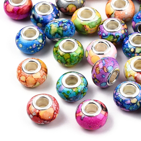 NEW 20/Pc Alcohol Splatter Pastel Resin European spacer Charm beads RANDOM Mixed plated silver inserts large hole spacer Beads Mix lot