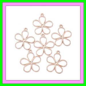May include: Six rose gold flower-shaped charms with a loop at the top for jewelry making. The charms are arranged on a white background, perfect for creating earrings, necklaces, or bracelets. The openwork design adds a delicate touch.