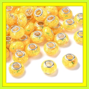 New 20/pc Hot Yellow iridescent Floating Glitter smooth Edge European Style Charm spacer beads RESIN 5mm large hole spacer Beads lot (3-25)