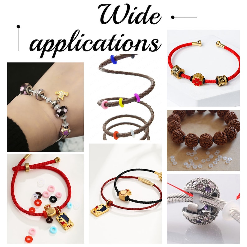 May include: A selection of bracelets and necklaces featuring various charms and beads, including a red string bracelet with a gold charm, a brown leather bracelet with colourful beads, and a silver bracelet with a purple charm. The image also shows a range of clear plastic spacers that can be used to separate beads on bracelets and necklaces.