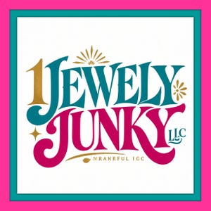 May include: A square logo featuring the text 1JEWELY JUNKY LLC in a stylized font. The number 1 and the word JEWELY are in teal, while JUNKY is in magenta. Gold accents include a sunburst, a small flower, a star, and the text MRANRFUL IGC.
