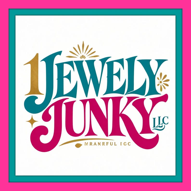 May include: A square logo featuring the text 1JEWELY JUNKY LLC in a stylized font. The number 1 and the word JEWELY are in teal, while JUNKY is in magenta. Gold accents include a sunburst, a small flower, a star, and the text MRANRFUL IGC.