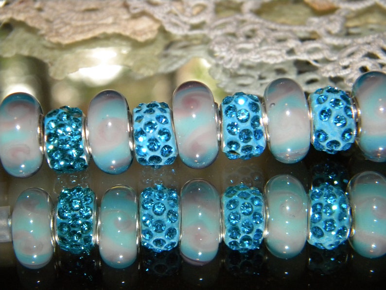 only New 9Pc PINK Blue Glass Murano Lampwork 14mm beads /& Crystal paved large hole European charm beads LOT V9