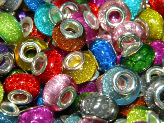 NEW 50/pc Glitter Holographic BRIGHT European Style Charm Beads 14mm Resin  RANDOM Colors Siler Inserts 5.0mm Large Hole Spacer Beads Mix Lot 