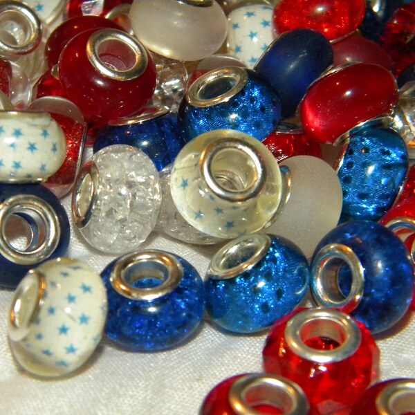 New 20/Pc American Stars & stripes Red/White/Blue 4th of July Mix 14mm Spacer beads European Resin 5mm large hole European bead lot