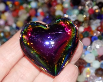 1/KIT Sun catcher EX Large HEART Glass Pendant & crystal spacer beads lot, 2/oz mixed glass crystal beads
