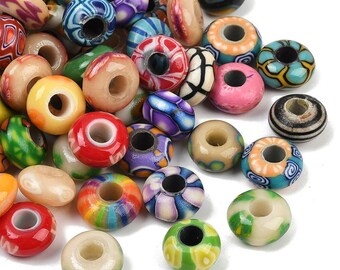 20/pc Mixed Handmade Polymer Clay Coreless 15mm-16mm European Beads, Large 5.5mm-5.9mm Hole Charm Beads spacer lot (1-11)