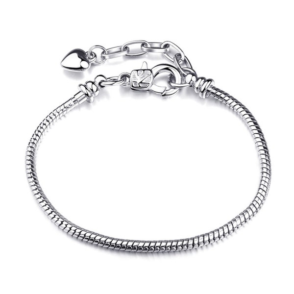 NEW 2/Pc Antiqued Silver European Snake chain bracelet lot 19.5cm (7.6'') W/Extender lobster clasp HEART charm on end large hole beads (03P)