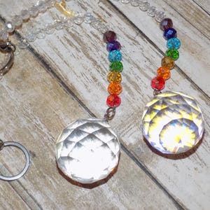 2/Suncatchers Rainbow Chakra Round Ball Crystal Suncatcher Pendants, Split Key Rings, Glass Beads, Velvet Bag, Colorful, 24cm long