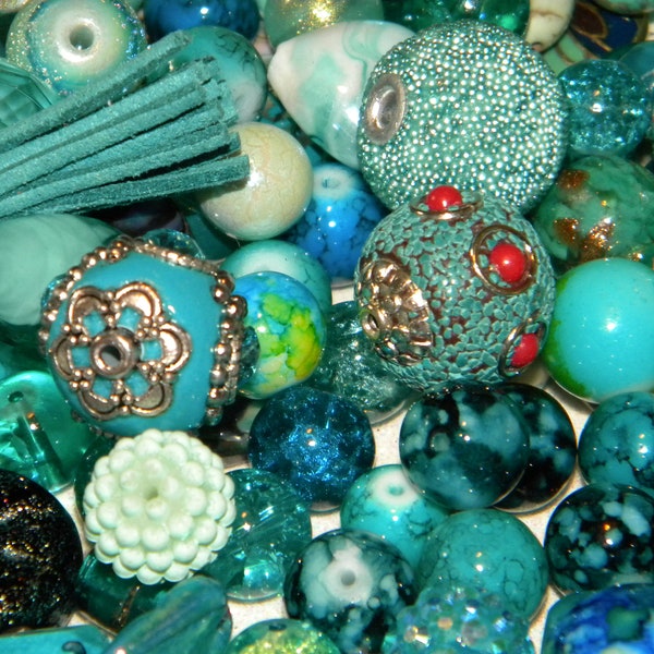 NEW 20/pc Mixed Jesse James beads Ocean Breeze Teal Blue Green Loose Random Bag of 6-25mm different sizes & shapes, Handmade Kashmiri Beads