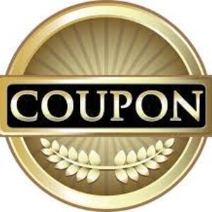 May include: A circular gold-toned emblem featuring a central horizontal black rectangular bar with the word COUPON printed in bold white capital letters. The design includes a radiating sunburst pattern and a decorative laurel leaf motif at the base.