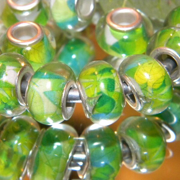 New 20/pc Smooth Leaf Green/Blue/Yellow European Style RESIN 14mm Charm Beads large 5mm hole spacer charm Beads lot (GV)