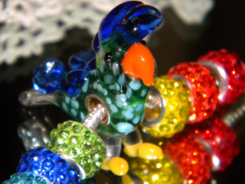 Crystal Paved Mix large hole spacer Beads lot Beads only Z6 NEW 7pc Lampwork Parrot Rainbow European Style GLASS Murano Charms