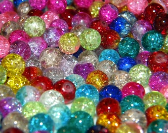 NEW 200/Pc Multi-Mixed colored Ombre /Crackle GLASS round bead mix 8mm beads Loose lot of Beads Multi Colored