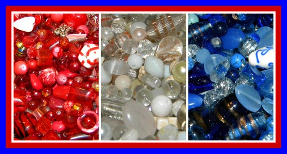 New 8/oz Mixed lot of RED/WHITE/ BLUE 4th of July Mix Americana premium glass beads Random House selection 6mm-20mm No junk !