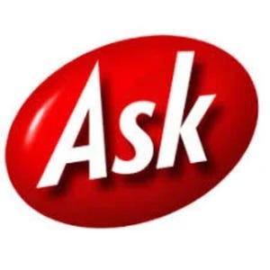 May include: A bright red oval-shaped logo featuring the word Ask in bold white capital letters. The text is positioned centrally on the glossy red background, creating a high-contrast visual element with a slight drop shadow effect.