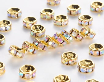 NEW 100/Pc AB Iridescent Clear/Golden tone 7mm x 3.2mm Crystal rhinestone spacers Jewelry Making beads lot 1.5mm Hole(02G)