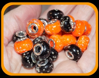 20/pc Glow in the Orange & Black European 14mm GLASS Murano Lampwork Charm Beads, large 5.0mm hole spacer charm Beads lot