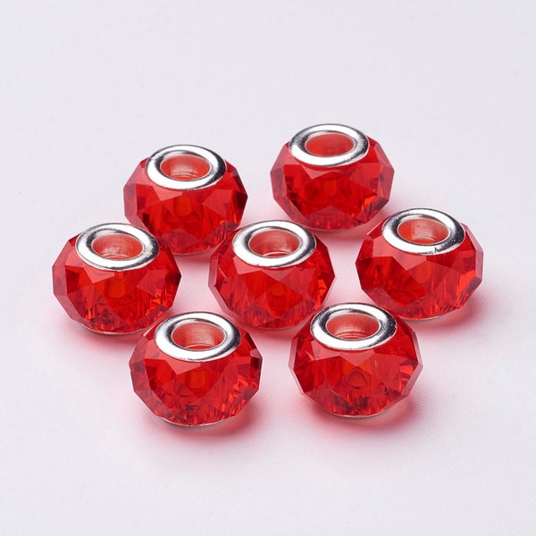 New 10/pc GLASS Bright Cherry Red Faceted European 13.5x9.6mm beads charm spacer Lampwork 5mm large hole European beads LOT(Y-76)