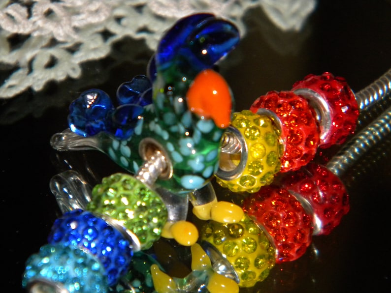 Crystal Paved Mix large hole spacer Beads lot Beads only Z6 NEW 7pc Lampwork Parrot Rainbow European Style GLASS Murano Charms