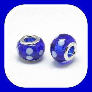 20/pc Dark Blue/White Dots GLASS Murano Lampwork European Style Charm Beads large 5mm hole spacer charm lot (BDT)