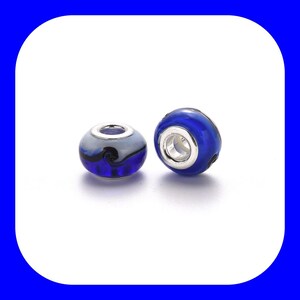 May include: Two blue and white glass beads with silver accents. The beads have a swirl pattern and are designed for use on a charm bracelet.