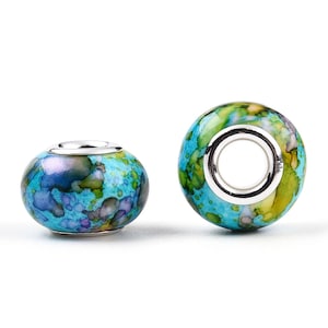 NEW 20/Pc Alcohol splatter Blue Multi-Color 14mm Resin European spacer Charm beads Silver plated inserts large 5.0mm hole spacer Beads(09H)
