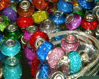 NEW 30/Pc Glitter Holographic European Style Charm Beads 14mm Resin RANDOM Colors, silver inserts large 5.0mm hole spacer Beads Mix lot
