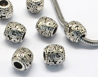 New 20/pc Antiqued Silver Swirl HEART detailed METAL barrel 11x9mm charms European charm beads 4.5mm large hole European beads Lot(31AS)