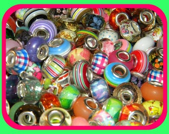 NEW 30/pc European Style Charm beads high quality 14mm Resin RANDOM Pick large hole silver plated  core large 5mm hole spacer Beads Mix lot