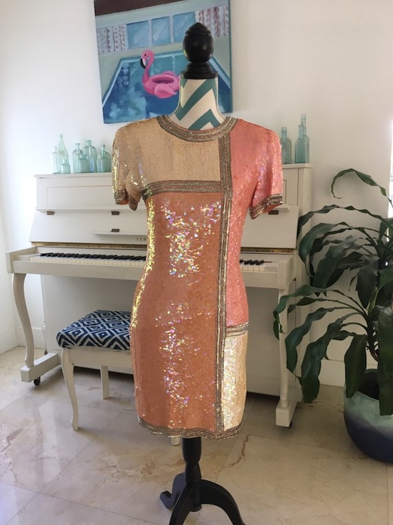 Vintage Beaded Sequin Dress Salmon Pink Cream Silv