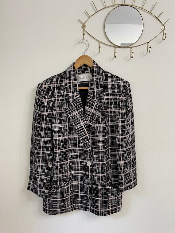 Vintage Tweed Check Blazer Black and Light Pink 9… - image 1