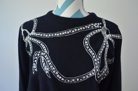 Vintage Beaded Sweater - 1970s Black Acrylic Wome… - image 2