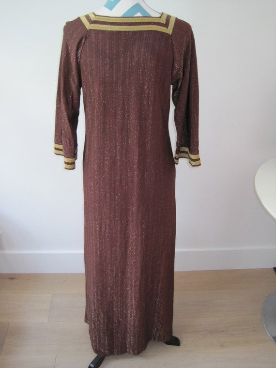 Vintage 70s Caftan Maxi Dress Brown Gold Trim Met… - image 3