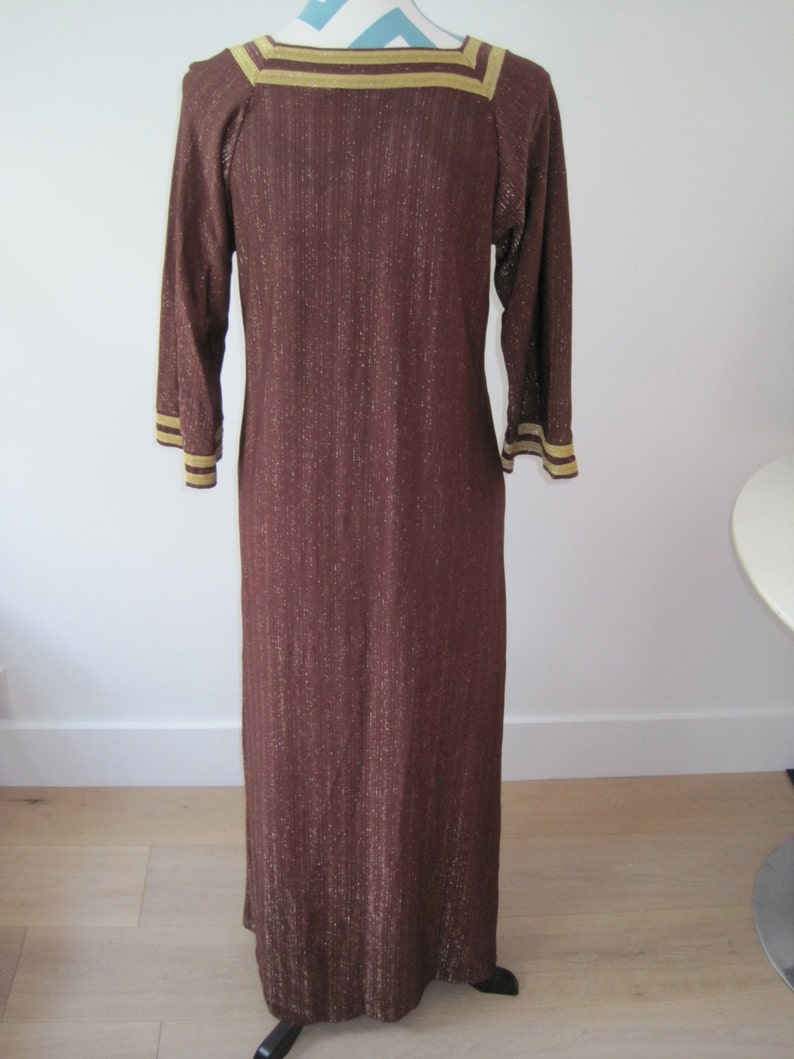 Vintage 70s Caftan Maxi Dress Brown Gold Trim Metallic Thread Lamé Goddess Hippie Gypsy Small image 3