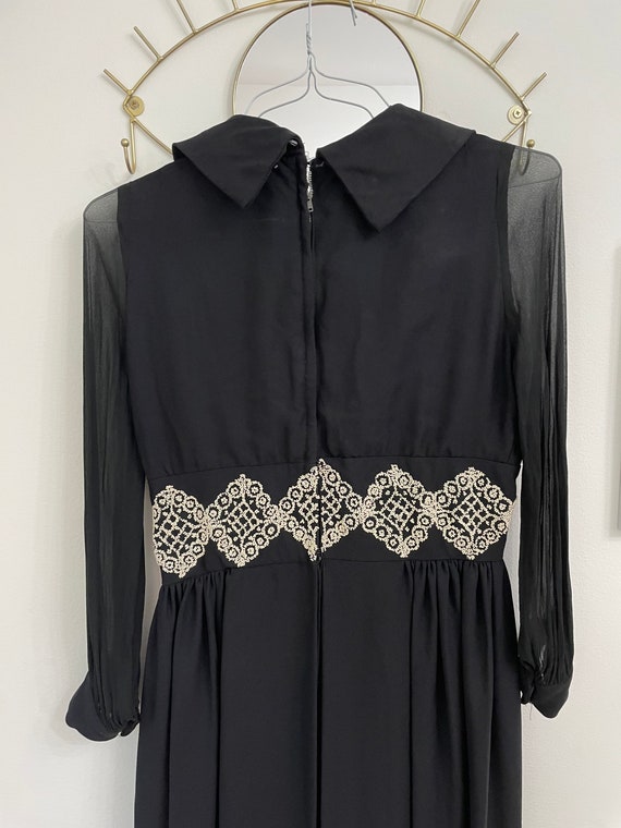 70s Black Chiffon Long Sleeved Beaded Maxi Dress … - image 4