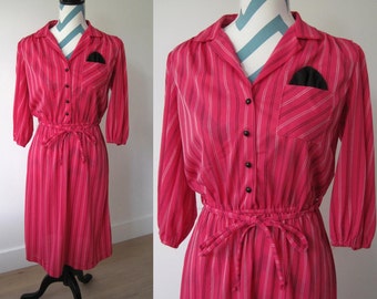 Vintage Pink Shirt Dress with Collar and Buttons, Waist Belt, Pocket, Sriped Stitch Embroidery - by Doo- Dads - Made in USA- Size Small