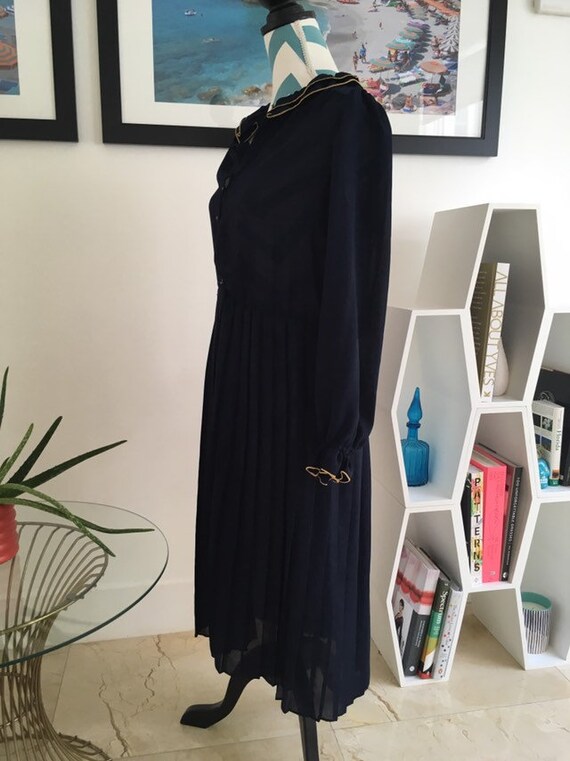 Vintage 1970s Pleated Navy Sheer Chiffon Long Sle… - image 3