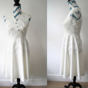 Vintage 1950s White Knit Party Dress V Neck Faux Wrap - Mid century Spring Summer Nautical Dress Small Mid Century