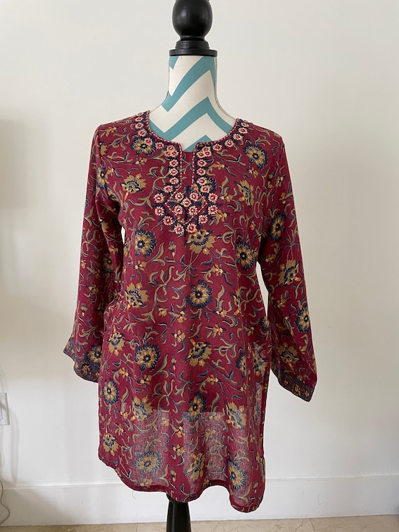 Vtg Embroidered Tunic with Block Print Floral Pri… - image 1